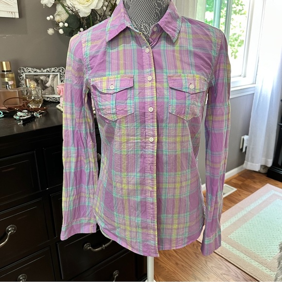 Aeropostale Signature Eighty-Seven Women’s Medium Plaid Button Down Shirt Purple - Picture 2 of 13
